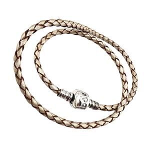 Pandora 925 Sterling Silver White Brown Braided Leather Wrap Charm 14” Bracelet